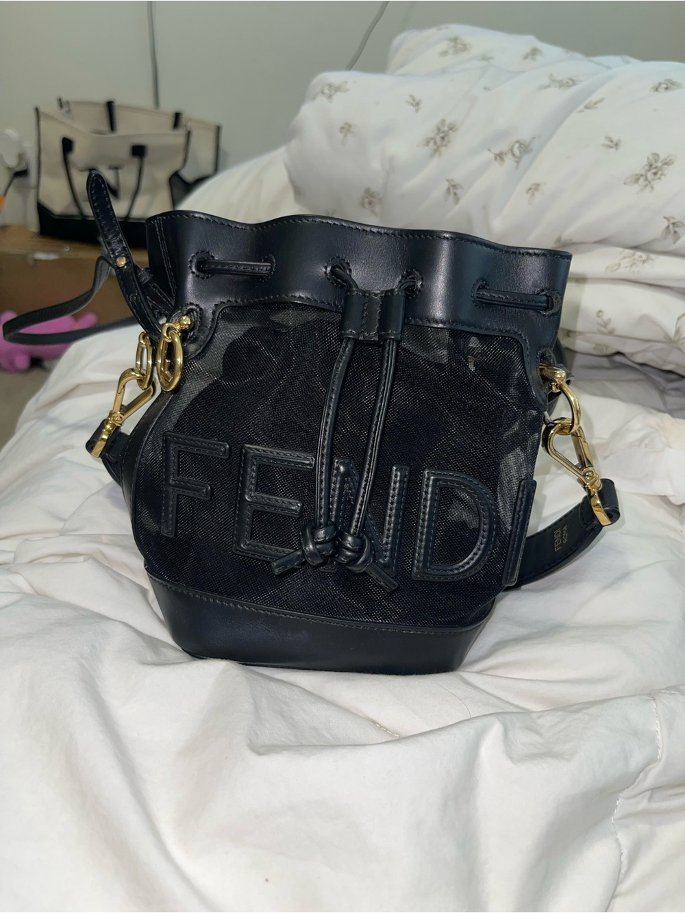 Fendi Black Mesh Drawstring Bucket Crossbody Authentic